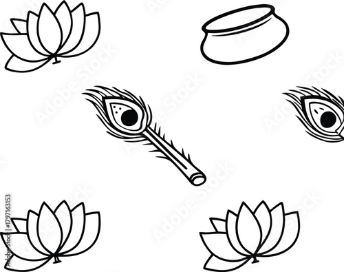 Elegant hindu symbols, lotus, peacock feather, pot