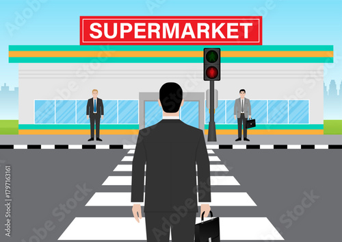 Businessman Waiting for Green Light to Walk across Crosswalk in the City. Crosswalk. Pedestrian Crossing Road. Zebra Crossing. Vector Illustration. 