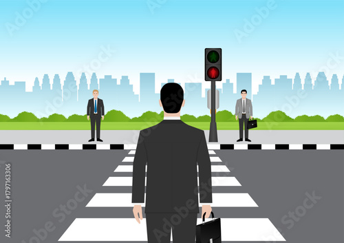 Businessman Waiting for Green Light to Walk across Crosswalk in the City. Crosswalk. Pedestrian Crossing Road. Zebra Crossing. Vector Illustration. 