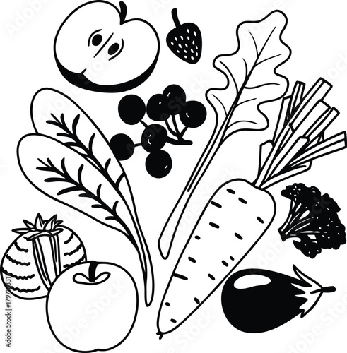 Hand drawn fruits and vegetables in black and white