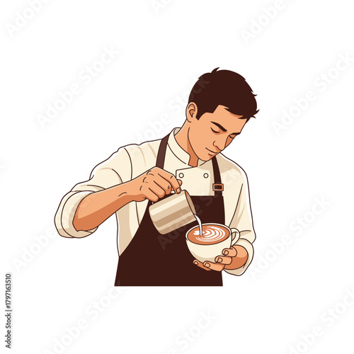 Illustration of a barista creating latte art, focused and precise with a milk pitcher