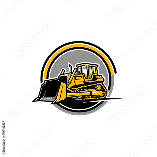 Illustration of a yellow construction bulldozer within a circular design on a white background