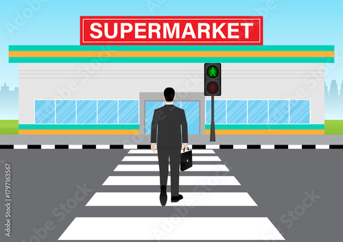 Businessman Walking across Crosswalk in the City. Crosswalk. Pedestrian Crossing Road. Zebra Crossing. Vector Illustration. 