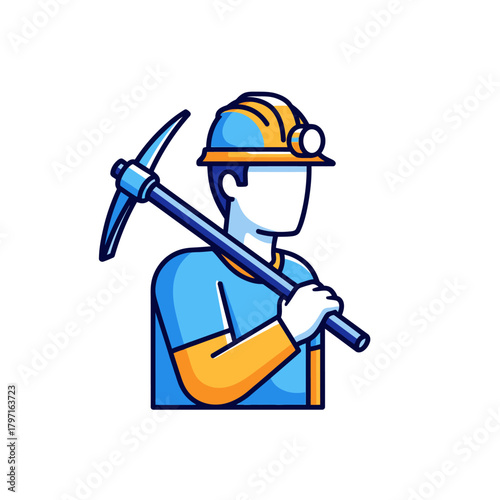 Illustration of a faceless worker holding a pickaxe over his shoulder, wearing a hardhat