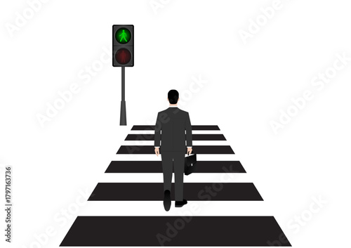 Businessman Walking across Crosswalk in the City. Crosswalk. Pedestrian Crossing Road. Zebra Crossing. Vector Illustration. 
