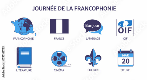 Eight blue icons illustrating aspects of the Journée de la Francophonie