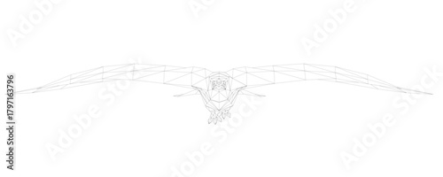A geometric wireframe pterodactyl with spread wings, depicted in a monochrome line art style, resembles a stylized hawk in flight.