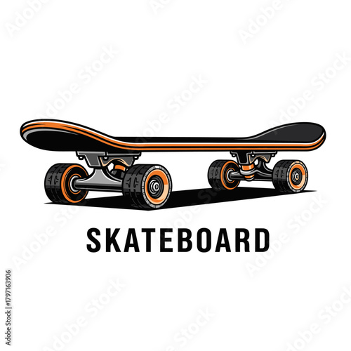 A black and orange skateboard, resting on a flat surface, with the word "SKATEBOARD" written below