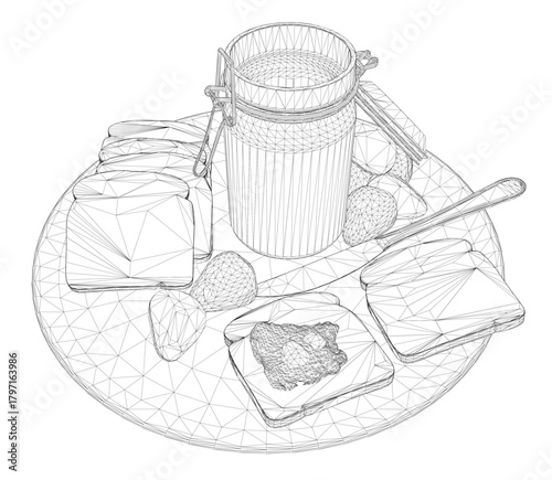 A wireframe sketch of toast with strawberry jam on a plate, featuring a detailed jar and spoon. This clean illustration is perfect for design projects.