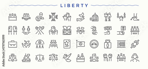 Liberty linear icon collection. Poll linear icon set. Contain linear symbols vote, referendum, poll, political, politics, election, people and more. Pictogram and infographic.