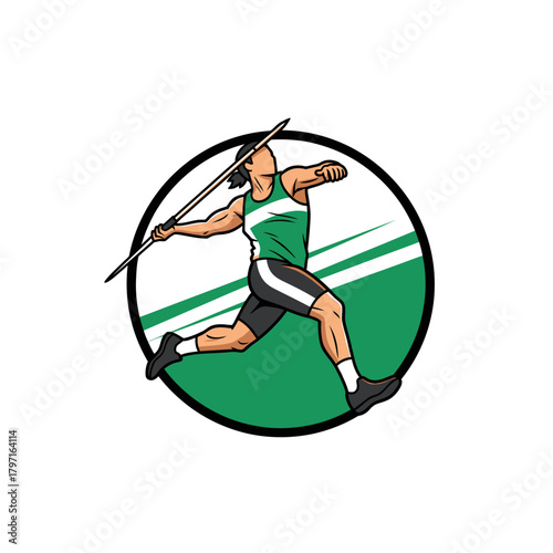 A stylized illustration depicting an athlete mid-throw in a circular design, with vibrant colors