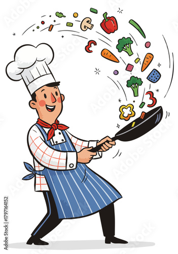 Sizzling chef toss. Chef tossing vegetables. Frying pan maestro. Cooking with joy. Stir-fry master. Culinary acrobatics. Cheerful chef actively cooking, vigorously tossing chopped fresh vegetables
