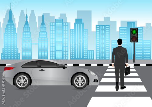 Businessman Walking across Crosswalk in the City. Crosswalk. Pedestrian Crossing Road. Zebra Crossing. Vector Illustration. 