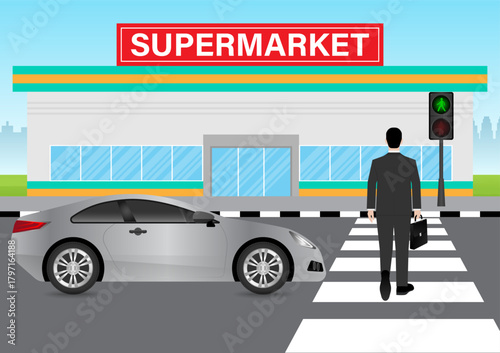 Businessman Walking across Crosswalk in the City. Crosswalk. Pedestrian Crossing Road. Zebra Crossing. Vector Illustration. 