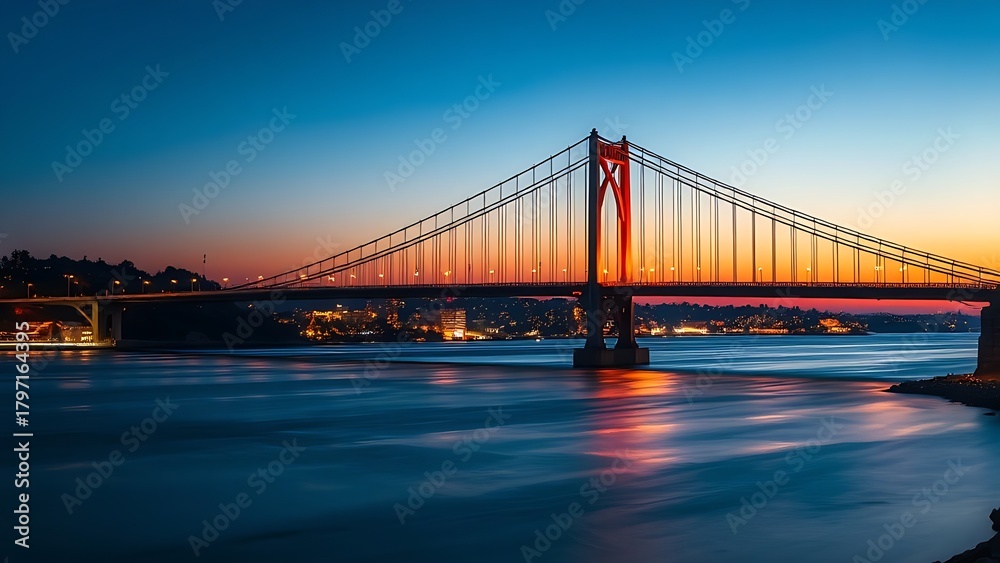 Obraz premium Silhouetted suspension bridge at dusk with city lights
