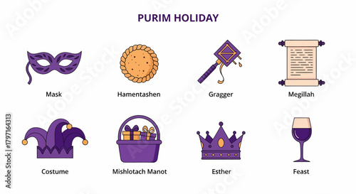 Eight graphic icons illustrating items related to the Purim holiday