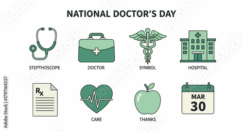 Eight icons related to National Doctors Day stethoscope bag symbol hospital prescription heart apple and calendar