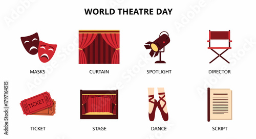 Eight illustrated icons related to World Theatre Day arranged in two rows