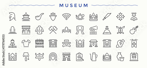 Museum icon set. Exhibition line icon set. Minimalist icons collection. Contains outline symbols like ancient, exhibition, artist, exhibit, historical, antique and more. Signs for web and mobile app.