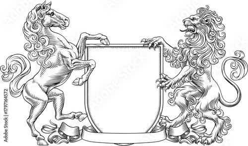 A heraldry crest lion and horse family coat of arms heraldic shield emblem design in an old medieval vintage style 