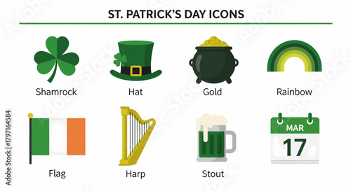 Eight icons representing St Patricks Day shamrock hat gold rainbow flag harp stout and calendar