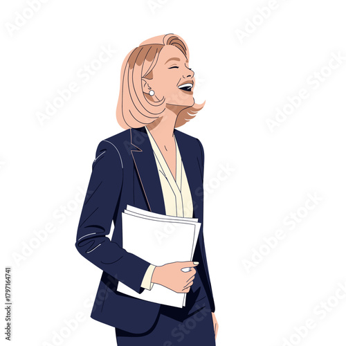 Illustration of a woman in a suit, holding papers, laughing, with stylized shading, and a clean white background