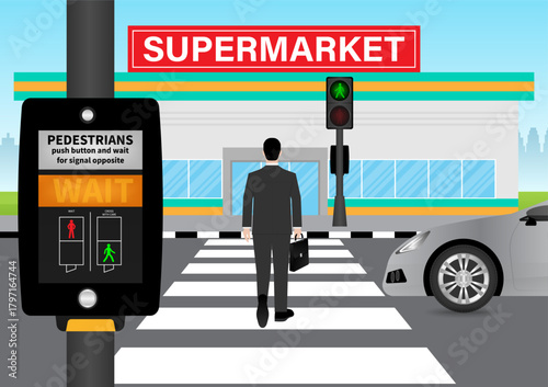 Businessman Walking across Crosswalk in the City. Crosswalk. Pedestrian Crossing Road. Zebra Crossing. Vector Illustration. 