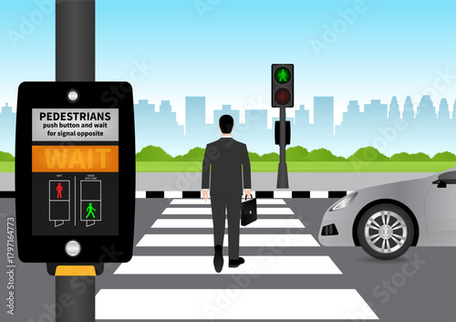 Businessman Walking across Crosswalk in the City. Crosswalk. Pedestrian Crossing Road. Zebra Crossing. Vector Illustration. 