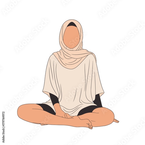 Illustration of a woman in modest attire, seated cross-legged, wearing a headscarf, and a loose top