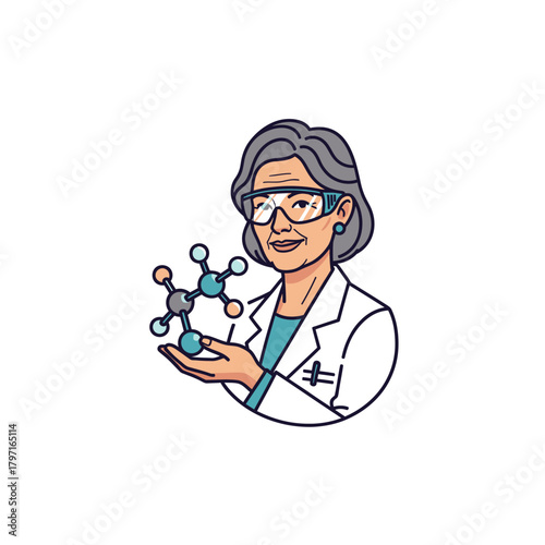 Illustration of a woman scientist holding a molecule model, wearing lab coat and safety glasses