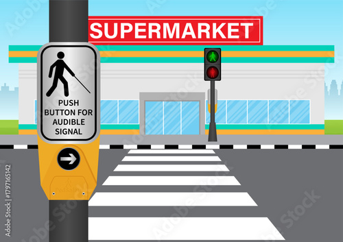 Crosswalk Button for Visually Impaired People or Blind People. Push Button for Audible Signal. Pedestrian Traffic Button. Vector Illustration.