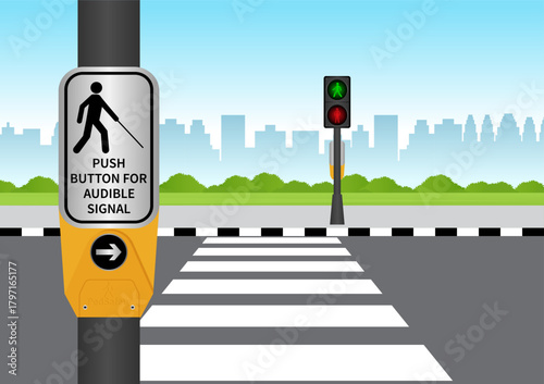 Crosswalk Button for Visually Impaired People or Blind People. Push Button for Audible Signal. Pedestrian Traffic Button. Vector Illustration.