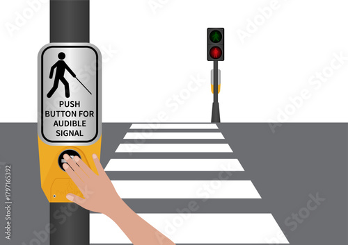 Hand Pressing Crosswalk Button for Visually Impaired People or Blind People. Push Button for Audible Signal. Pedestrian Traffic Button. Vector Illustration.