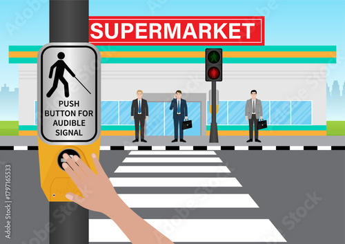 Hand Pressing Crosswalk Button for Visually Impaired People or Blind People. Push Button for Audible Signal. Pedestrian Traffic Button. Vector Illustration.