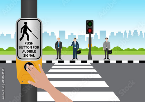 Hand Pressing Crosswalk Button for Visually Impaired People or Blind People. Push Button for Audible Signal. Pedestrian Traffic Button. Vector Illustration.