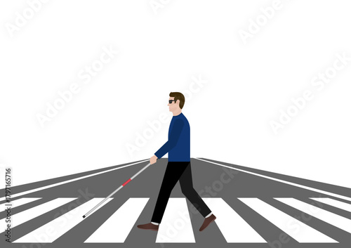 ฺBlind Man with White Cane Walking across Crosswalk in the city. Crosswalk. Pedestrian Crossing Road. Zebra Crossing. Vector Illustration.