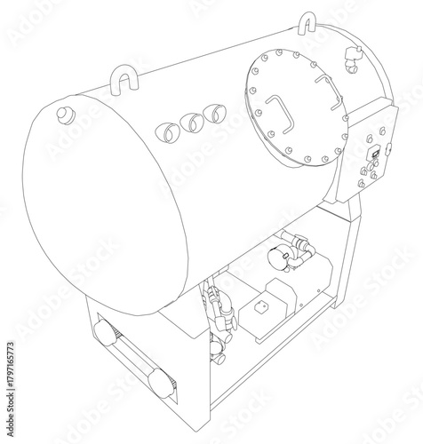 A vintage steam boiler machine with a clock, cylindrical tank, and digital display. The vacuum station features a handle, knobs, and a clean white contour background.