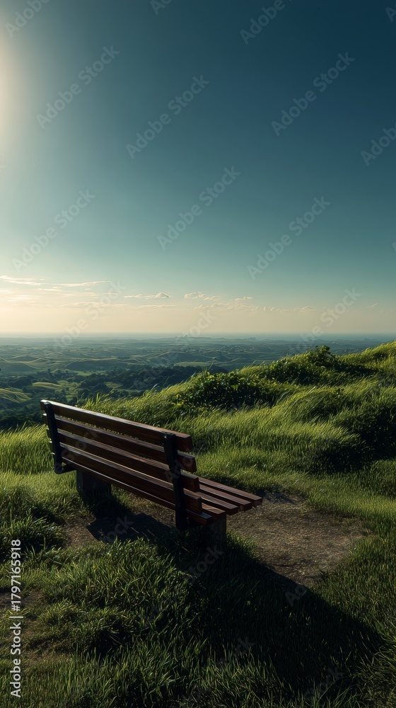 Fototapeta premium Sunny View From a Bench Overlooking Rolling Hills and Distant Valleys at Midday