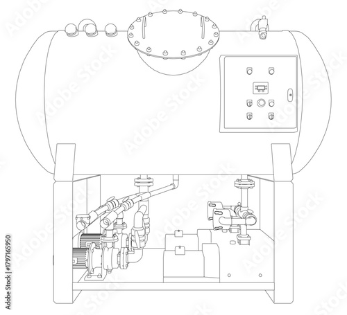 Industrial vacuum station with cylindrical tank, metal frame contour, and connected hose system. The compressor features valves and a nozzle for pneumatic operations.
