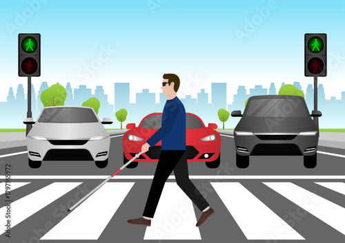 ฺBlind Man with White Cane Walking across Crosswalk in the city. Crosswalk. Pedestrian Crossing Road. Zebra Crossing. Vector Illustration.