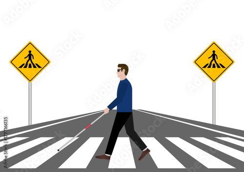 ฺBlind Man with White Cane Walking across Crosswalk in the city. Crosswalk. Pedestrian Crossing Road. Zebra Crossing. Vector Illustration.