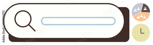 Magnifying glass, search bar, pie chart, and clock icons. Ideal for research, data analysis, time management, productivity efficiency information retrieval. Simple flat metaphor