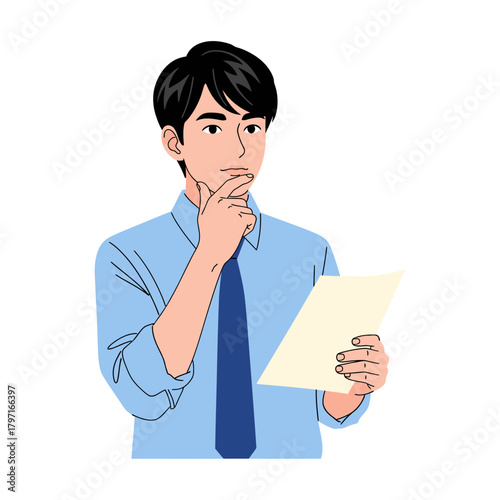 A cartoon man pondering while holding a document and touching his chin. He's wearing a tie
