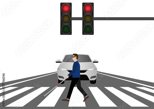 ฺBlind Man with White Cane Walking across Crosswalk in the city. Crosswalk. Pedestrian Crossing Road. Zebra Crossing. Vector Illustration.