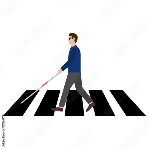 ฺBlind Man with White Cane Walking across Crosswalk in the city. Crosswalk. Pedestrian Crossing Road. Zebra Crossing. Vector Illustration.