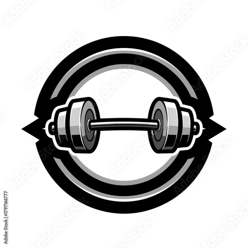 A grayscale illustration of a barbell inside a stylized circular emblem with pointed elements