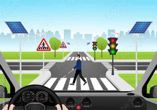 ฺBlind Man with White Cane Walking across Crosswalk in the city. Crosswalk. Pedestrian Crossing Road. Zebra Crossing. Vector Illustration.