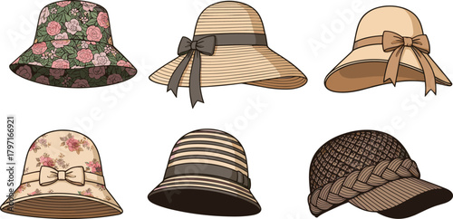 Collection of stylish women’s summer hats featuring floral patterns, ribbon bows, wide brims, and woven designs for fashion illustration and accessories