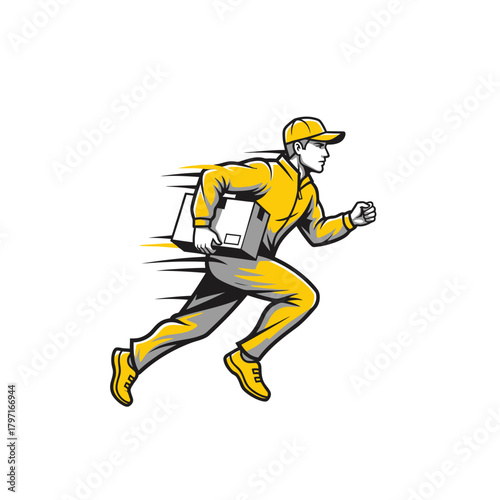 A stylized illustration of a person in uniform running fast while carrying a package