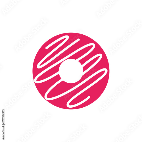 A vibrant, minimalist graphic featuring a pink frosted donut with white icing swirls